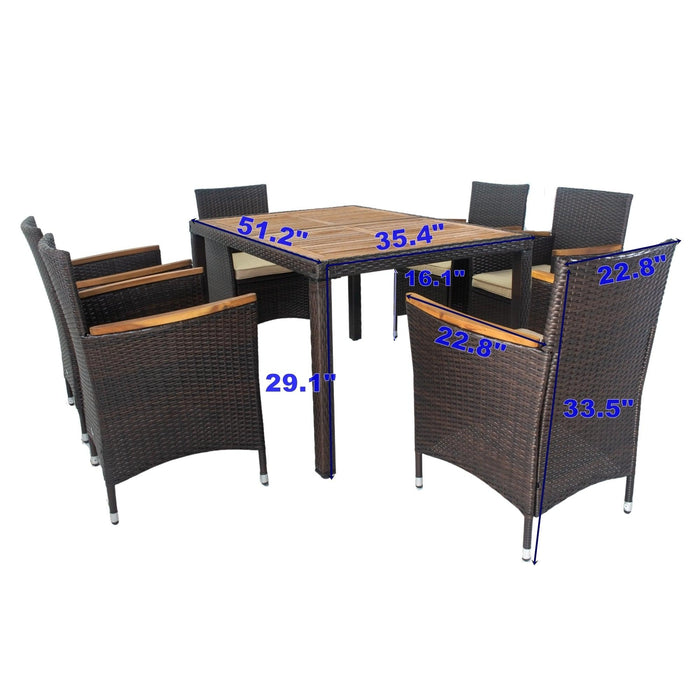 7 PCS Outdoor Patio Wicker Rattan Dining Furniture Set with Acacia Wood Top and Brown Wicker