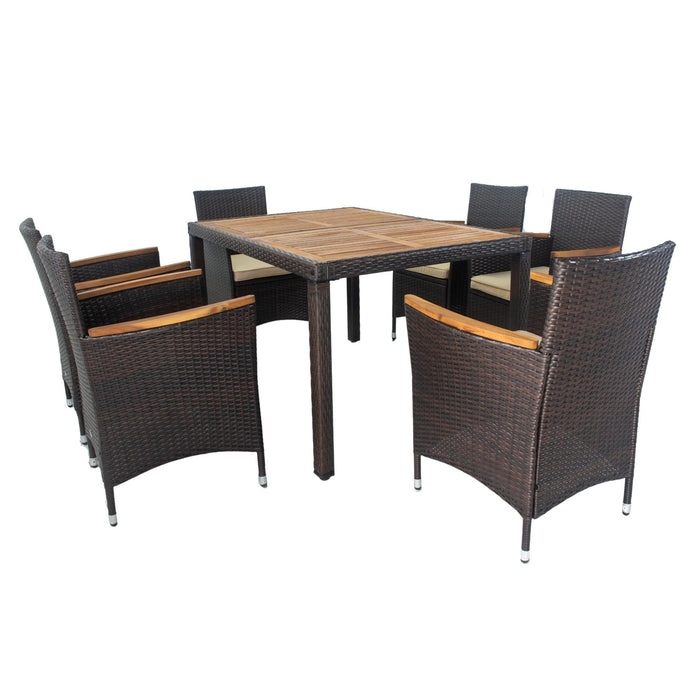 7 PCS Outdoor Patio Wicker Rattan Dining Furniture Set with Acacia Wood Top and Brown Wicker