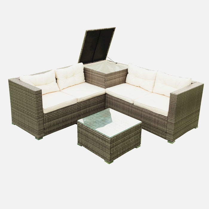 4 PCS Patio Sectional Wicker Rattan Outdoor Furniture Sofa Set withStorage Box and Creme Cushion