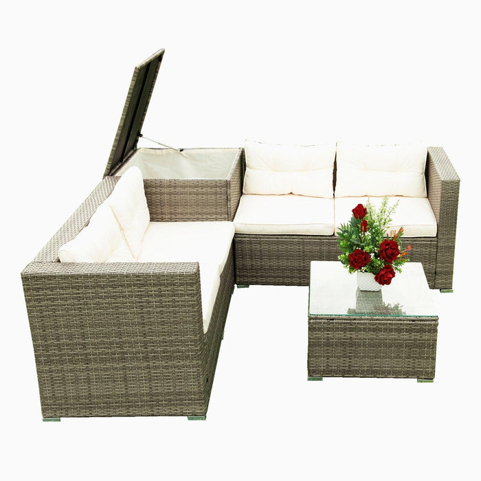 4 PCS Patio Sectional Wicker Rattan Outdoor Furniture Sofa Set withStorage Box and Creme Cushion