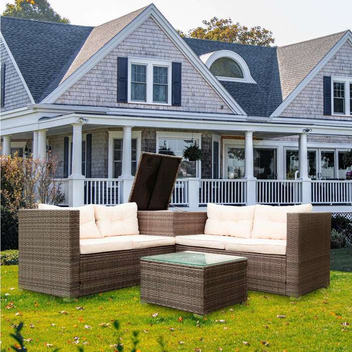 4 PCS Patio Sectional Wicker Rattan Outdoor Furniture Sofa Set withStorage Box and Creme Cushion