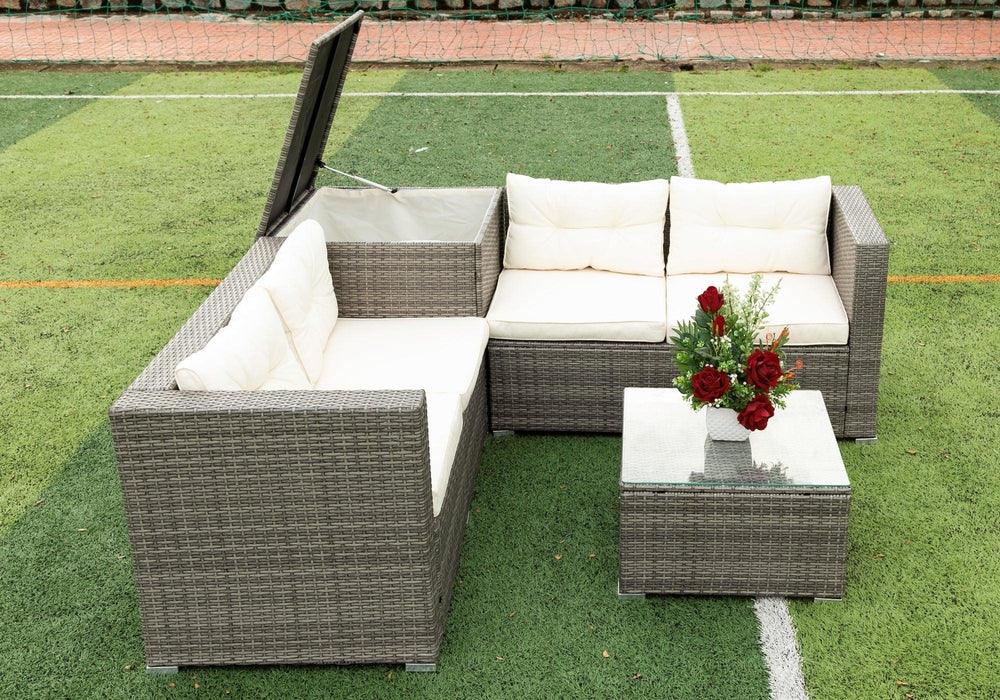 4 PCS Patio Sectional Wicker Rattan Outdoor Furniture Sofa Set withStorage Box and Creme Cushion