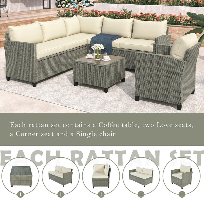 5 PCS Outdoor Patio Sectional Sofa Set with Coffee Table, Beige Cushions and Single Chair