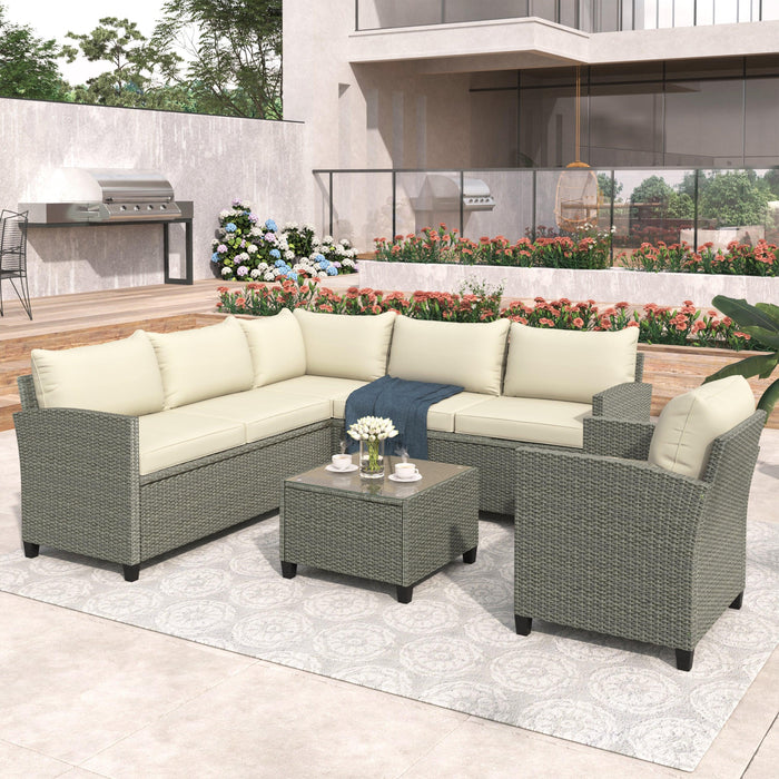 5 PCS Outdoor Patio Sectional Sofa Set with Coffee Table, Beige Cushions and Single Chair