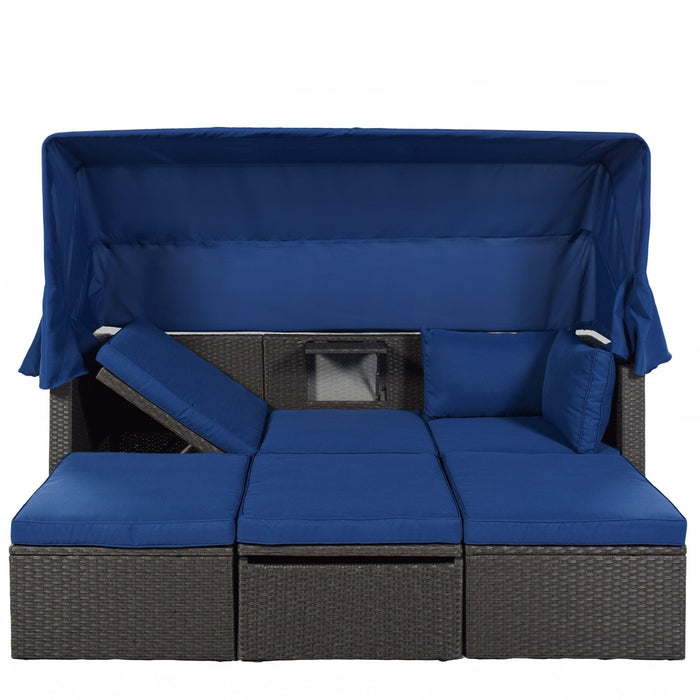 Outdoor Patio Wicker Rattan Rectangle Daybed and Adjustable Canopy with Lifted Table, Ottoman and Blue Cushion