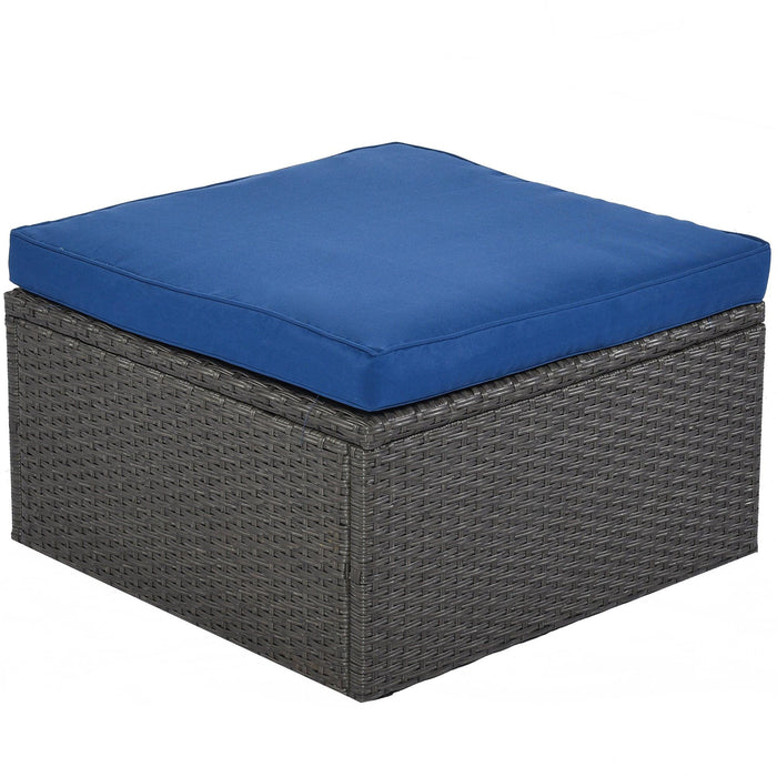 Outdoor Patio Wicker Rattan Rectangle Daybed and Adjustable Canopy with Lifted Table, Ottoman and Blue Cushion