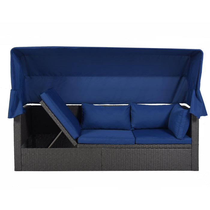 Outdoor Patio Wicker Rattan Rectangle Daybed and Adjustable Canopy with Lifted Table, Ottoman and Blue Cushion