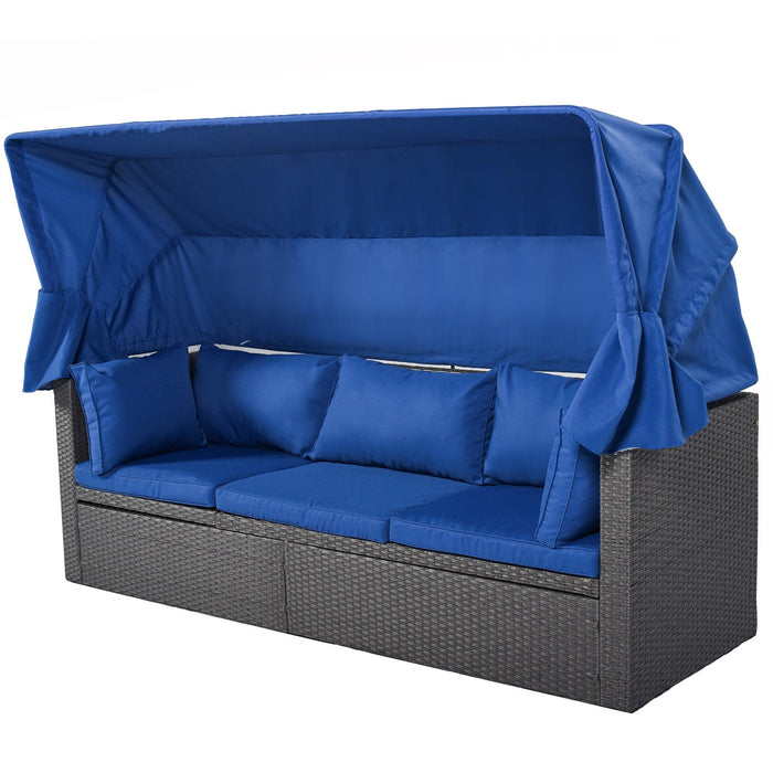 Outdoor Patio Wicker Rattan Rectangle Daybed and Adjustable Canopy with Lifted Table, Ottoman and Blue Cushion