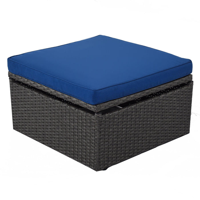 Outdoor Patio Wicker Rattan Rectangle Daybed and Adjustable Canopy with Lifted Table, Ottoman and Blue Cushion