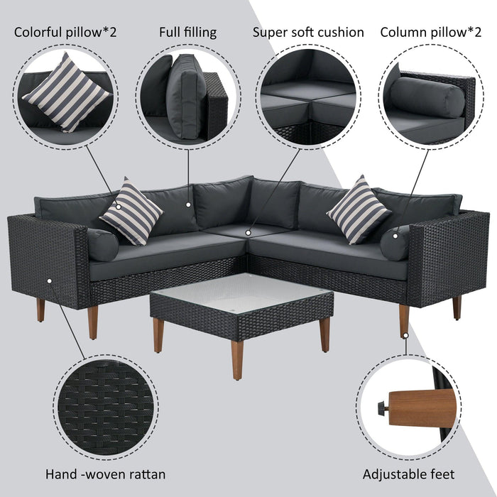 4 PCS Outdoor Patio Wicker Sectional L-shaped Sofa Set with Gray Cushions and Black Rattan