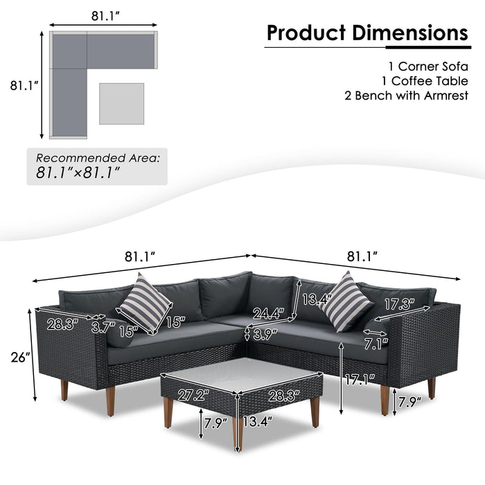 4 PCS Outdoor Patio Wicker Sectional L-shaped Sofa Set with Gray Cushions and Black Rattan