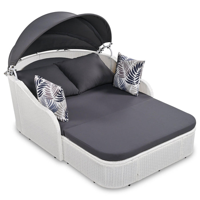 79.9" Outdoor Double Lounge Sunbed with Adjustable Canopy, White Wicker And Gray Cushion