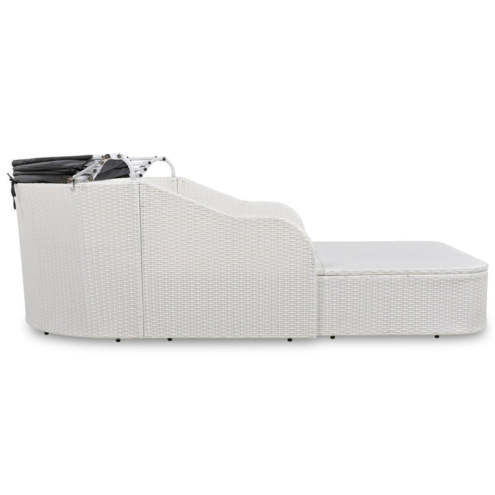 79.9" Outdoor Double Lounge Sunbed with Adjustable Canopy, White Wicker And Gray Cushion