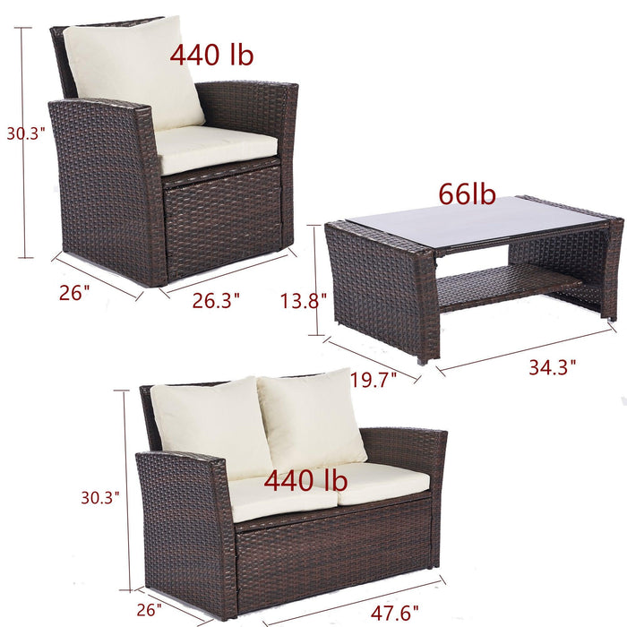 4 PCS Outdoor Patio Garden Rattan Furniture Set with Tempered Glass Coffee and Beige Cushion