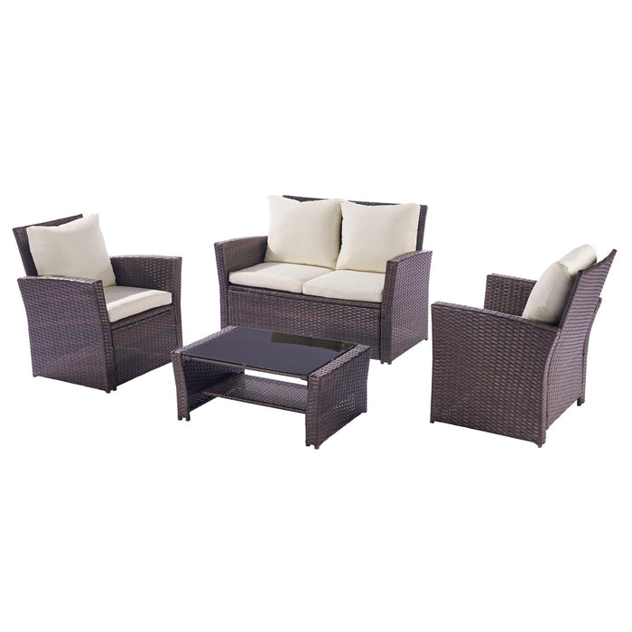 4 PCS Outdoor Patio Garden Rattan Furniture Set with Tempered Glass Coffee and Beige Cushion