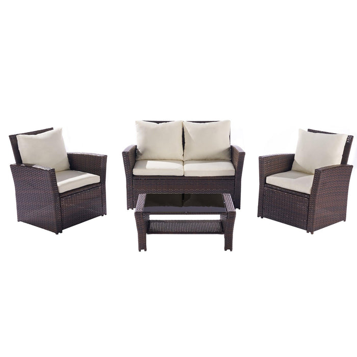 4 PCS Outdoor Patio Garden Rattan Furniture Set with Tempered Glass Coffee and Beige Cushion