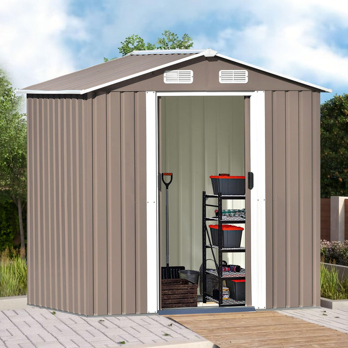 6ft x 4ft Outdoor Garden Metal Lean-to Shed with Lockable Door - Brown