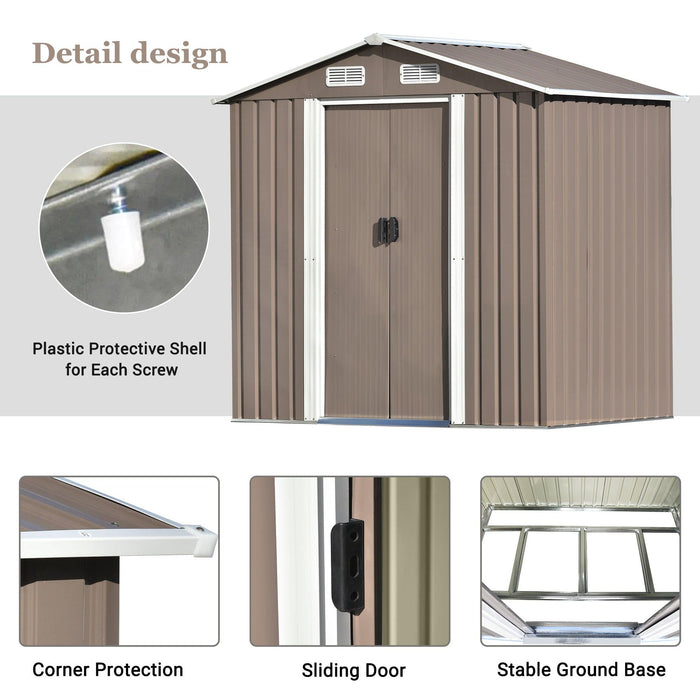 6ft x 4ft Outdoor Garden Shed with Metal Adjustable Shelf and Lockable Doors - Brown