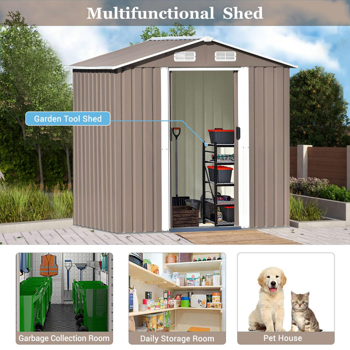 6ft x 4ft Outdoor Garden Shed with Metal Adjustable Shelf and Lockable Doors - Brown