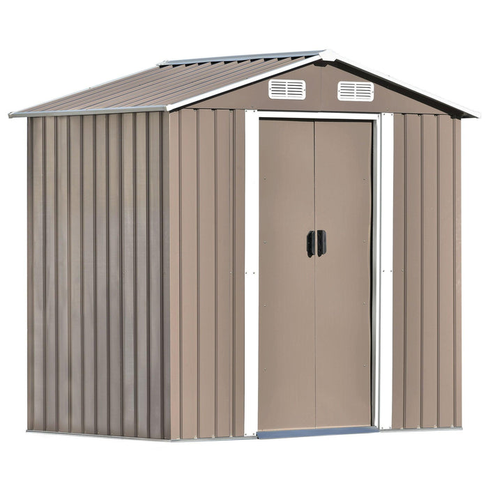 6ft x 4ft Outdoor Garden Metal Lean-to Shed with Lockable Door - Brown