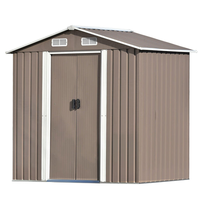 6ft x 4ft Outdoor Garden Metal Lean-to Shed with Lockable Door - Brown