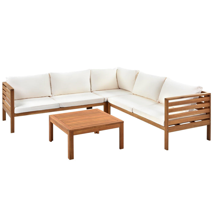 Wood Structure Outdoor Sofa Set with beige Cushions Exotic design Water-resistant and UV Protected texture Two-person Sofa One Corner Sofa plus One Coffee Table Strong Metal Accessories