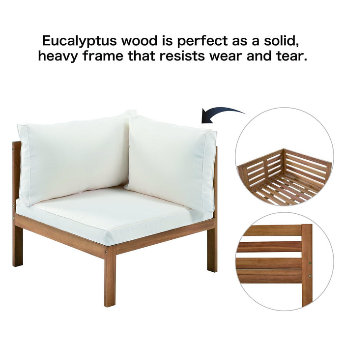 Wood Structure Outdoor Sofa Set with beige Cushions Exotic design Water-resistant and UV Protected texture Two-person Sofa One Corner Sofa plus One Coffee Table Strong Metal Accessories