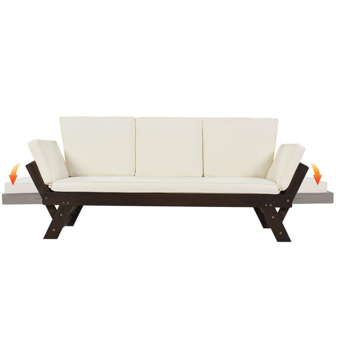 Outdoor Adjustable Patio Wooden Daybed Sofa Chaise Lounge with Cushions for Small Places, Brown FinishandBeige Cushion