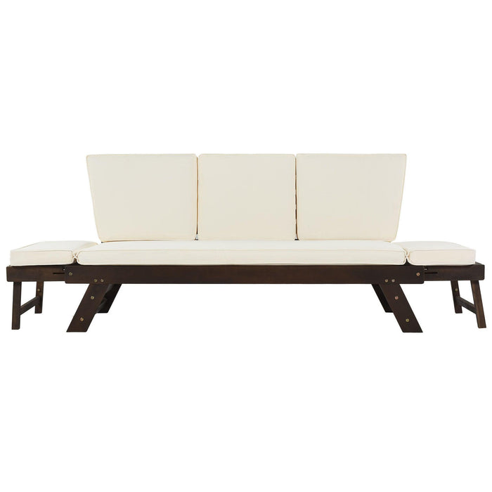 Outdoor Adjustable Patio Wooden Daybed Sofa Chaise Lounge with Cushions for Small Places, Brown FinishandBeige Cushion