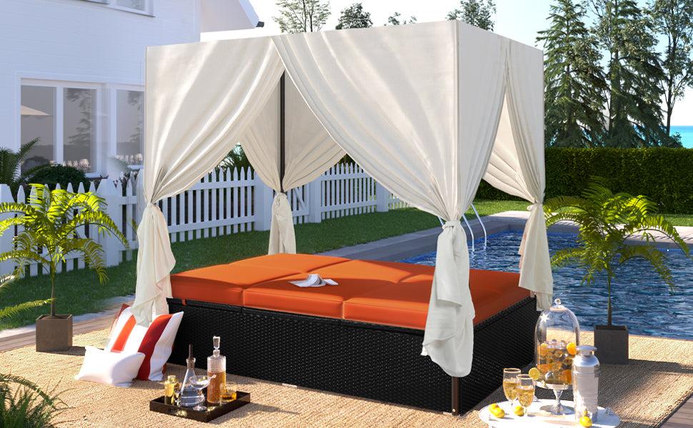 Outdoor Patio Wicker Sunbed Daybed with Cushions and Adjustable Seats - Orange Cushions