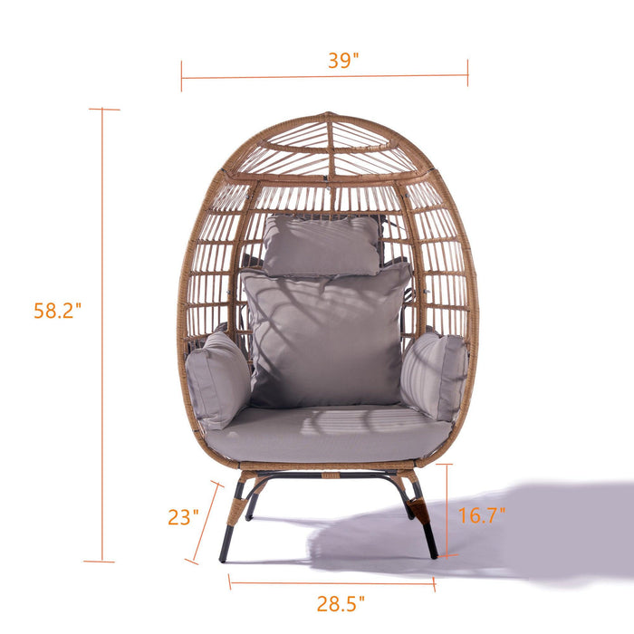 Wicker Egg Chair, Oversized Indoor Outdoor Lounger for Patio, Backyard, Living Room w/ 5 Cushions, Steel Frame, 440lb Capacity - Light Grey