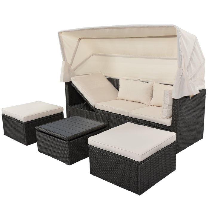 Outdoor Patio Wicker Rattan Rectangle Daybed and Adjustable Canopy with Lifted Table, Ottoman and Beige Cushion