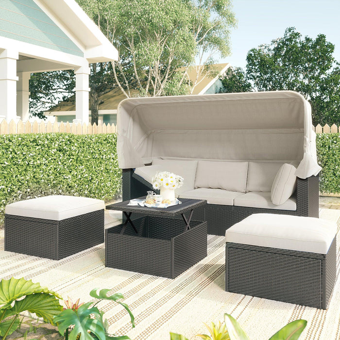 Outdoor Patio Wicker Rattan Rectangle Daybed and Adjustable Canopy with Lifted Table, Ottoman and Beige Cushion