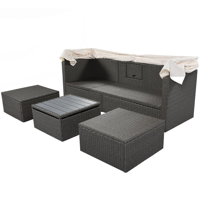 Outdoor Patio Wicker Rattan Rectangle Daybed and Adjustable Canopy with Lifted Table, Ottoman and Beige Cushion