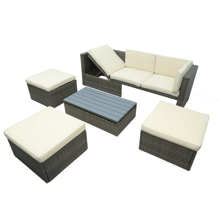 Patio Furniture Sets, 5 PCS Patio Wicker Sofa with Adustable Backrest, Cushions, Ottomans and Lift Top Coffee Table