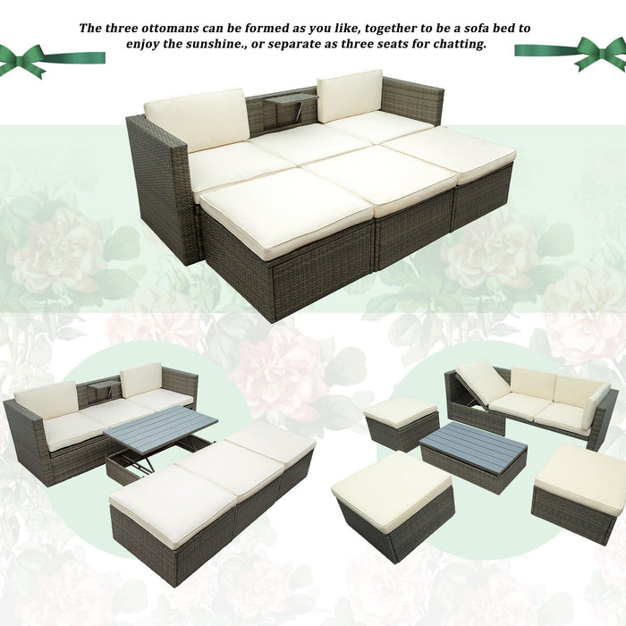 Patio Furniture Sets, 5 PCS Patio Wicker Sofa with Adustable Backrest, Cushions, Ottomans and Lift Top Coffee Table