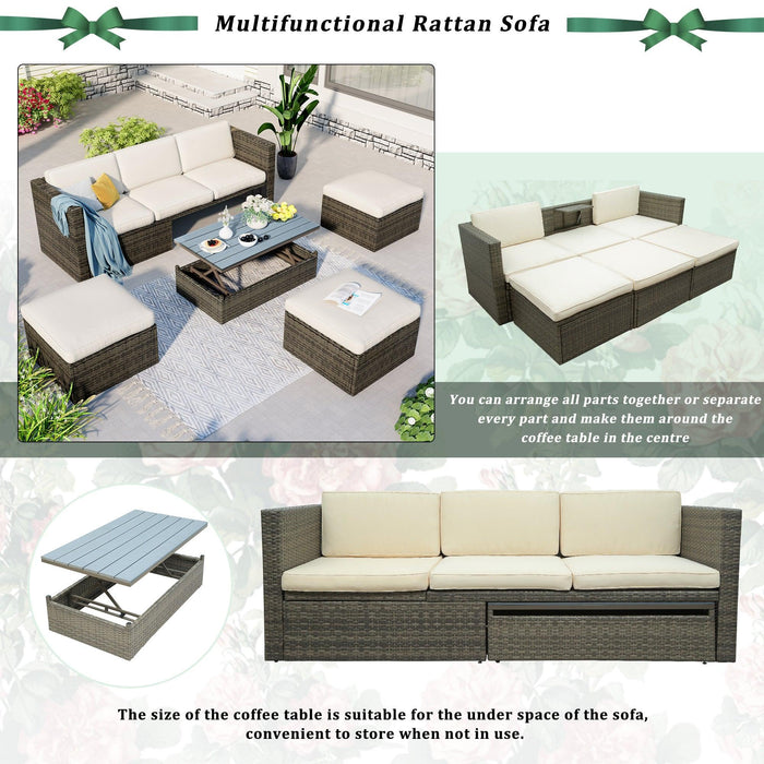 Patio Furniture Sets, 5 PCS Patio Wicker Sofa with Adustable Backrest, Cushions, Ottomans and Lift Top Coffee Table