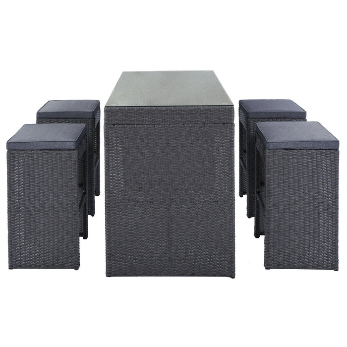 5 PCS Rattan Outdoor Patio Furniture Set Bar Dining Table Set with 4 Stools, Gray CushionandGray Wicker