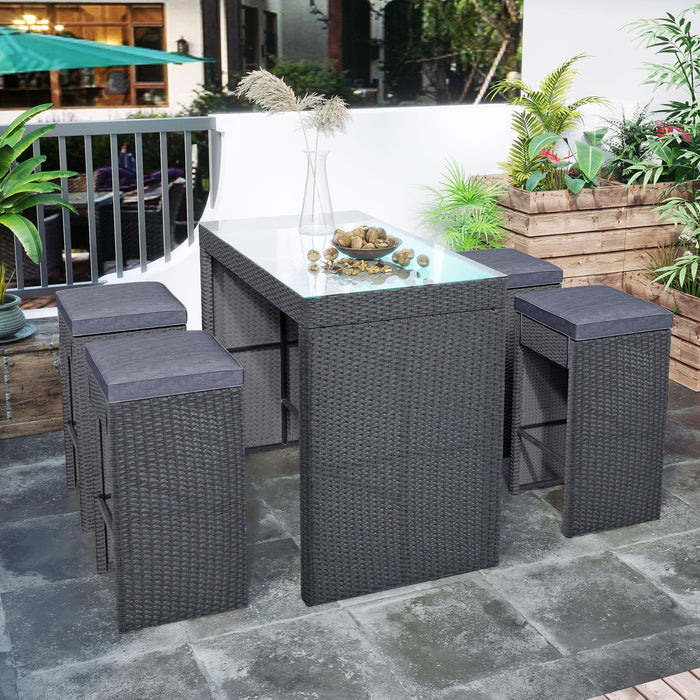 5 PCS Rattan Outdoor Patio Furniture Set Bar Dining Table Set with 4 Stools, Gray CushionandGray Wicker