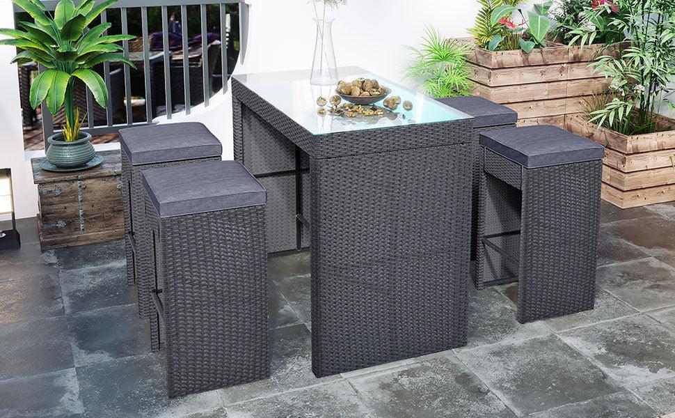 5 PCS Rattan Outdoor Patio Furniture Set Bar Dining Table Set with 4 Stools, Gray CushionandGray Wicker