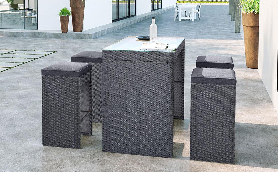 5 PCS Rattan Outdoor Patio Furniture Set Bar Dining Table Set with 4 Stools, Gray CushionandGray Wicker