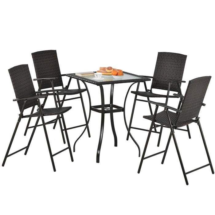 Outdoor Patio PE Wicker 5 PCS Counter Height Dining Table Set with Umbrella Hole and  4 Foldable Chairs, Brown