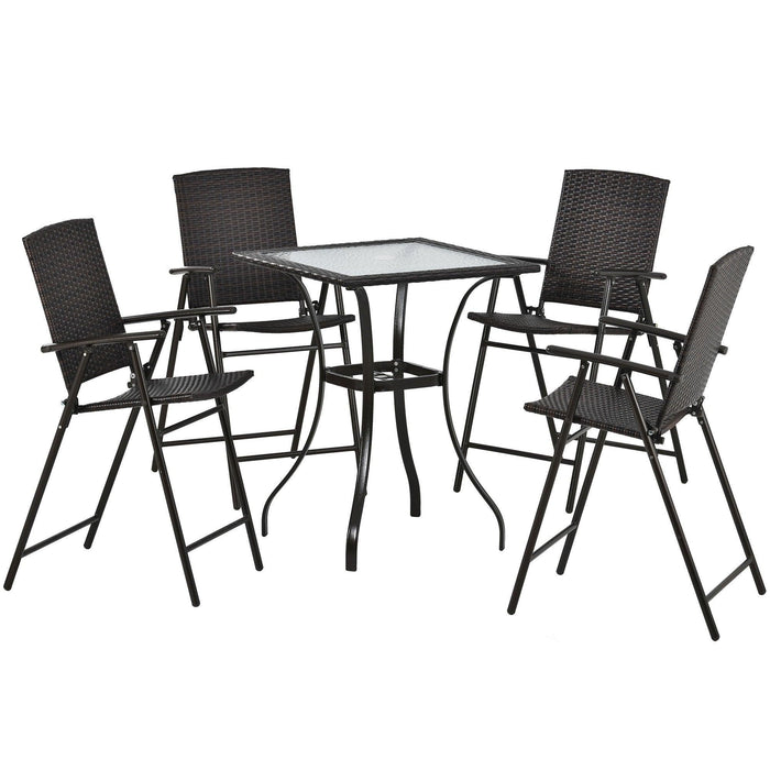 Outdoor Patio PE Wicker 5 PCS Counter Height Dining Table Set with Umbrella Hole and  4 Foldable Chairs, Brown