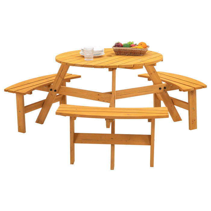 6-Person Circular Outdoor Wooden Picnic Table with 3 Built-in Benches - Natural