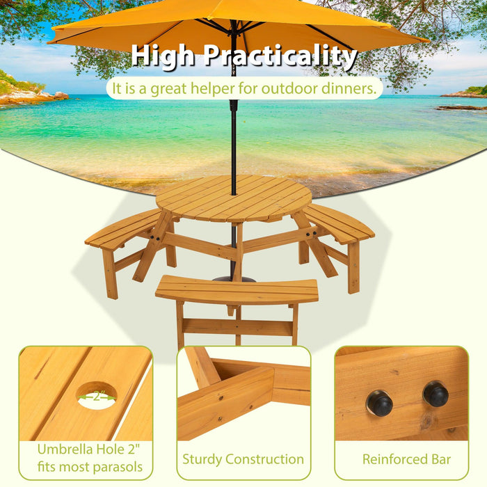 6-Person Circular Outdoor Wooden Picnic Table with 3 Built-in Benches - Natural