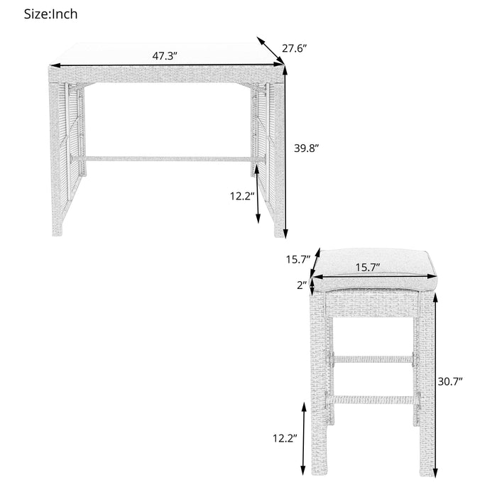 5 PCS Rattan Outdoor Patio Furniture Set Bar Dining Table Set with 4 Stools, Gray CushionandGray Wicker