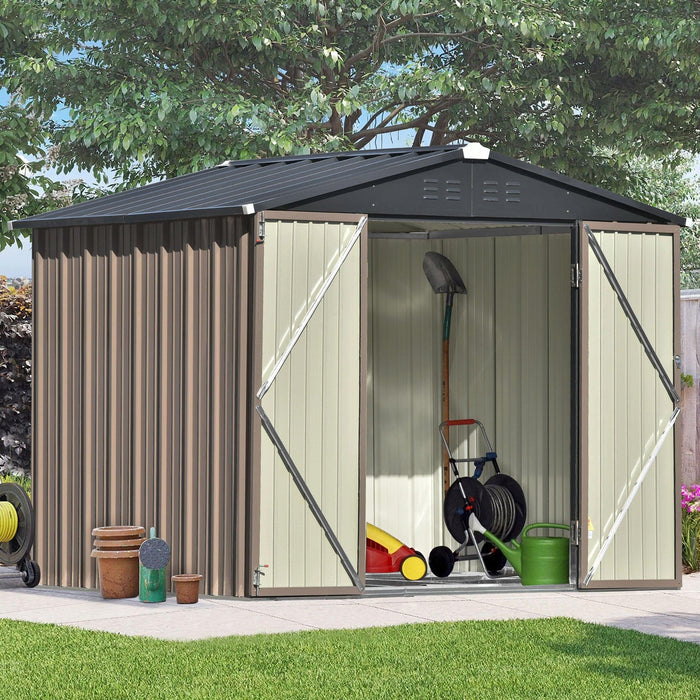 8ft x 6ft Outdoor Garden Metal Lean-to Shed with Lockable Doors - Brown