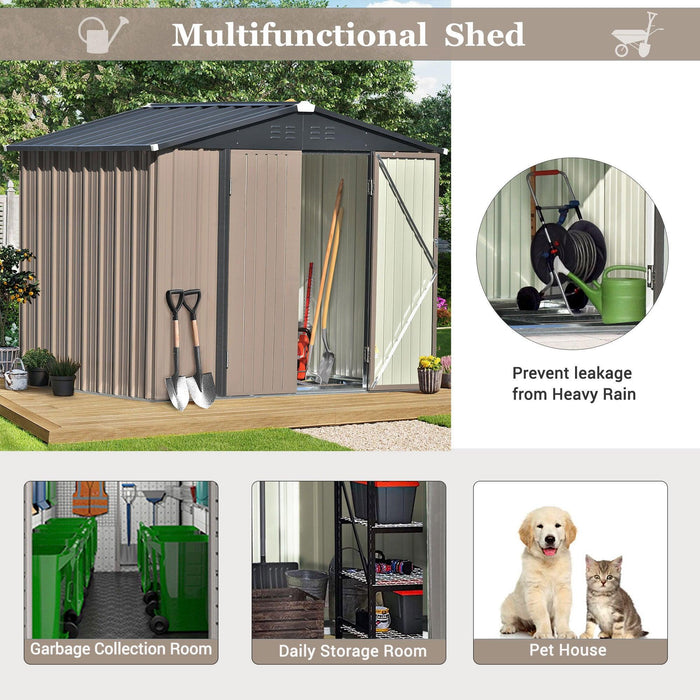 8ft x 6ft Outdoor Garden Metal Lean-to Shed with Lockable Doors - Brown