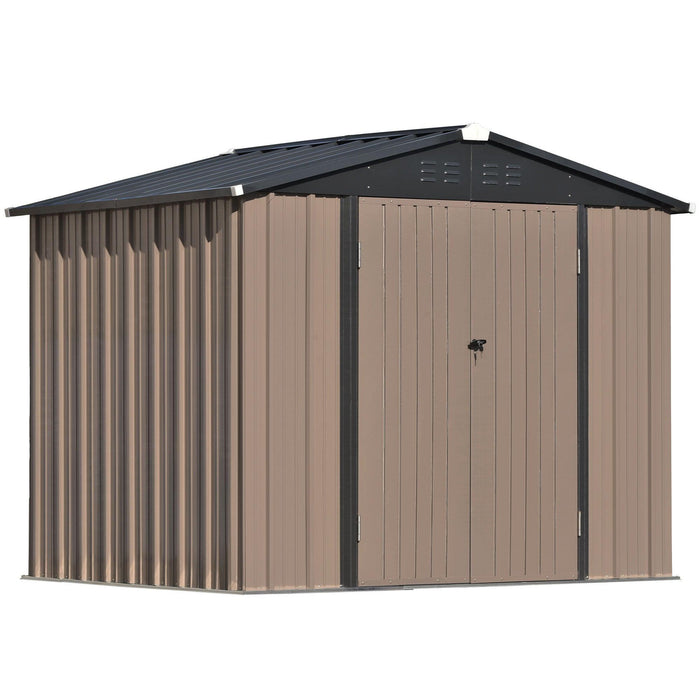 8ft x 6ft Outdoor Garden Metal Lean-to Shed with Lockable Doors - Brown