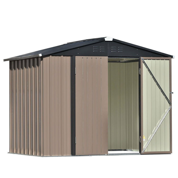 8ft x 6ft Outdoor Garden Metal Lean-to Shed with Lockable Doors - Brown